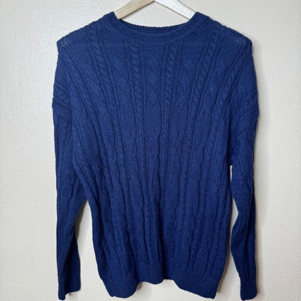 Tumi Sweater Mens Medium Navy Blue Chunky Cable Knit Alpaca Crewneck Pullover